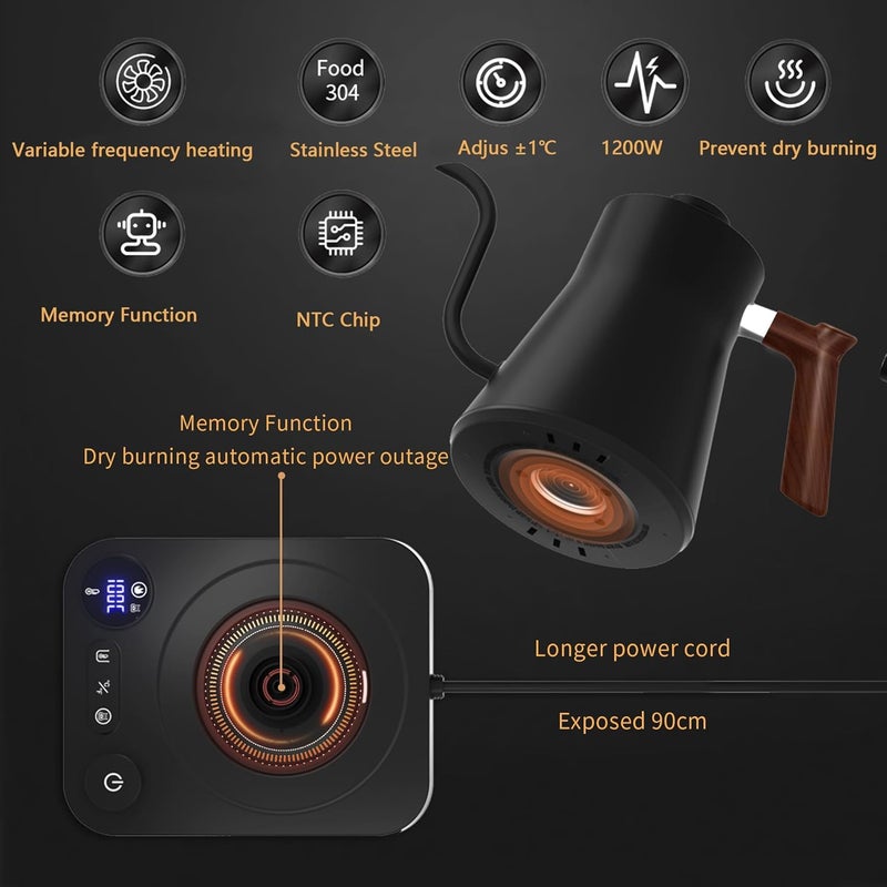 RHD Electric Gooseneck Kettle with LCD Display, Real-Time Temp Control Hot Water Boiler to Pour Over Coffee, Brew Tea, Switchable ℉/℃, 1200 Watt Quick Heating Pot, 0.9L, 304 Stainless Steel,Matt Black - Image 5